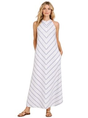 J.Crew Maxi Dress Linen Stripe Chevron Sleeveless Halter Nautical white blue 00